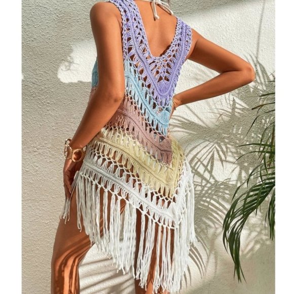 Multi Color Stitched Crochet Fringe Detailed Top Bikini Coverup - Picture 9 of 9